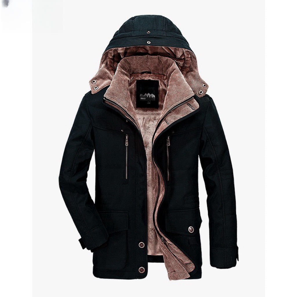 Men's hooded parka jacket with multiple pockets and zip front