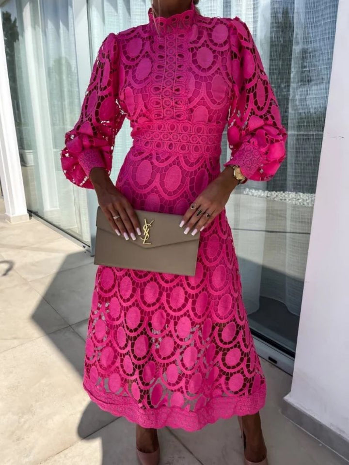 Women's lace puff sleeve midi dress with high neckline