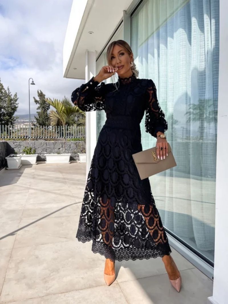 Women's lace puff sleeve midi dress with high neckline