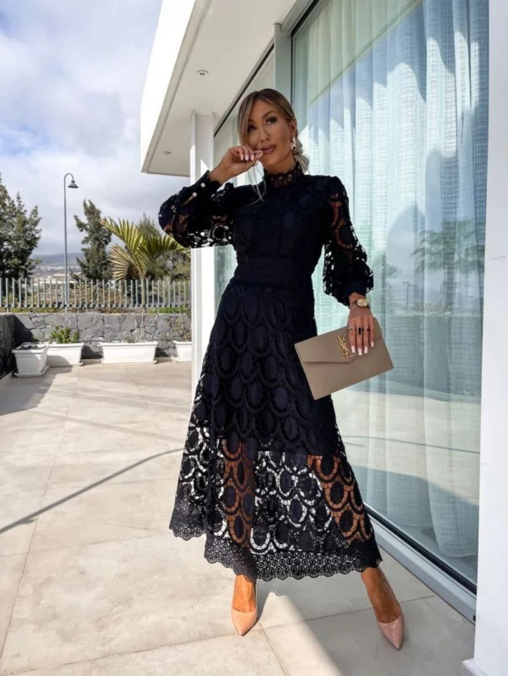 Women's lace puff sleeve midi dress with high neckline