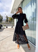 Women's lace puff sleeve midi dress with high neckline