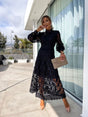 Women's lace puff sleeve midi dress with high neckline