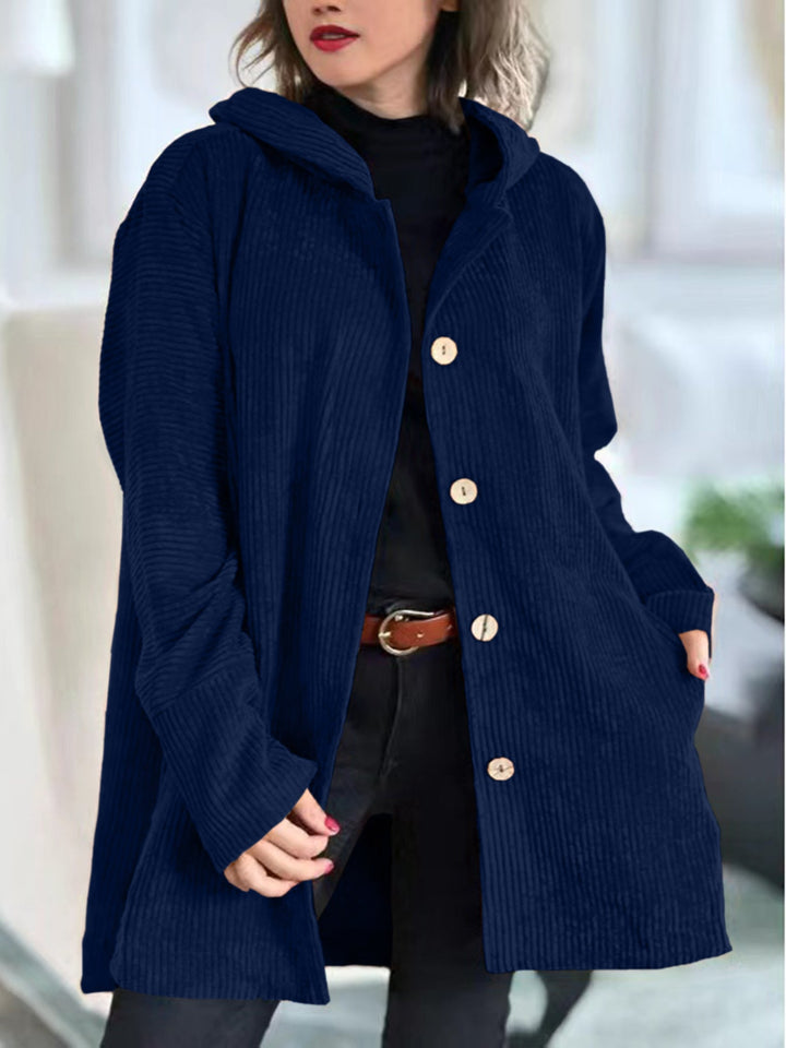 Women's hooded textured jacket with long sleeves and button front