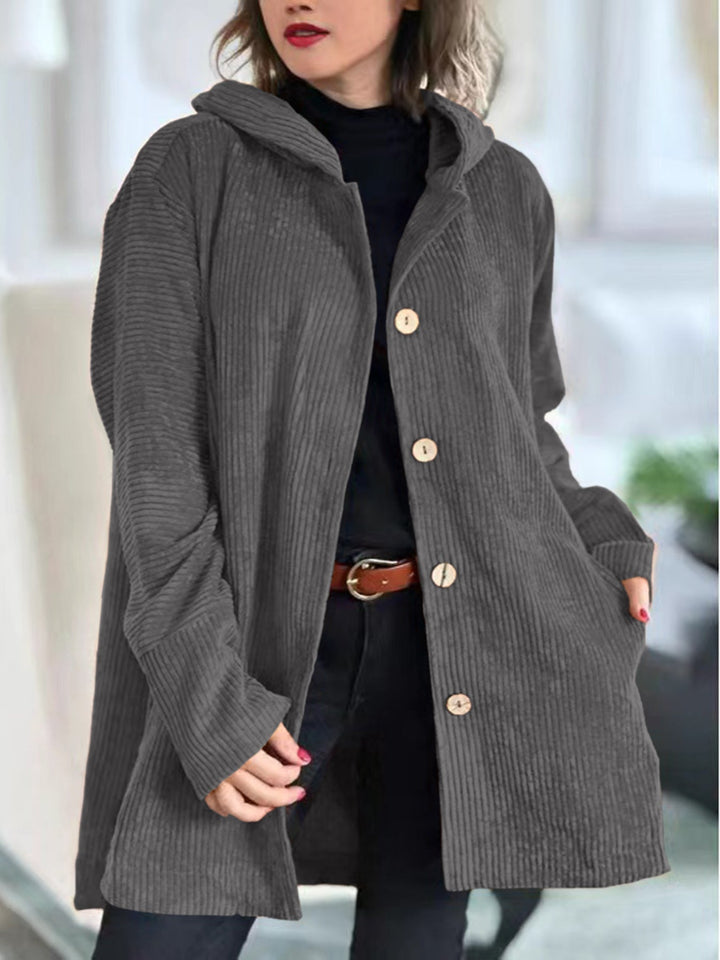 Women's hooded textured jacket with long sleeves and button front
