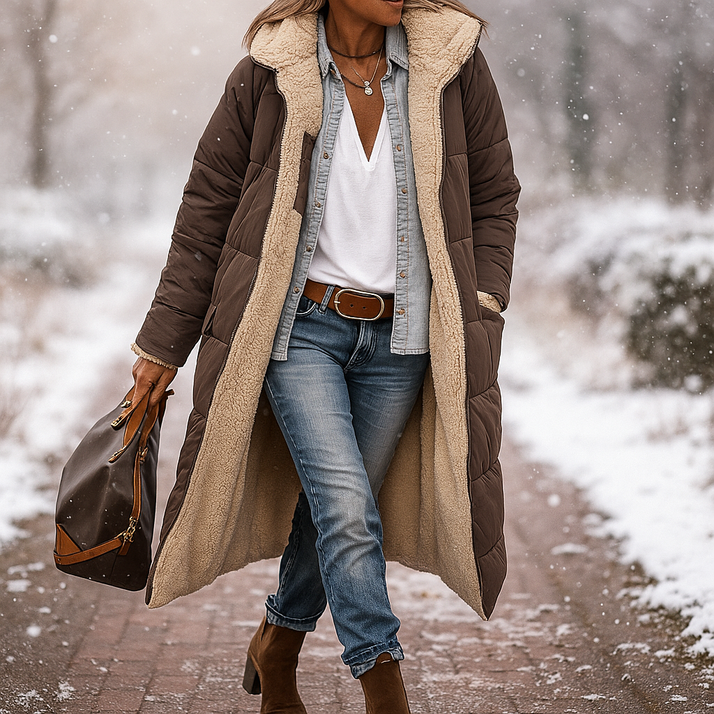 Women's long quilted hooded puffer coat with contrasting lining
