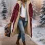 Women's long quilted hooded puffer coat with contrasting lining