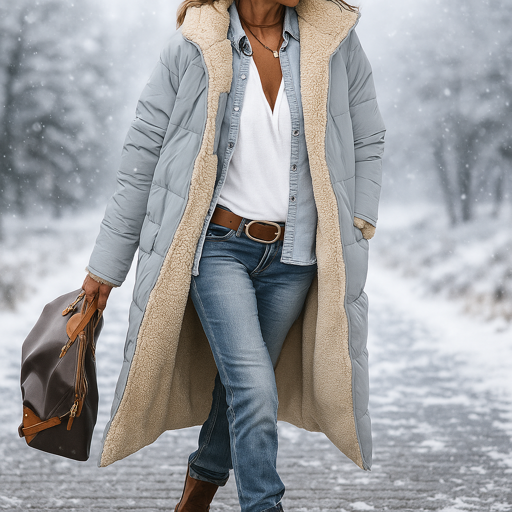 Women's long quilted hooded puffer coat with contrasting lining