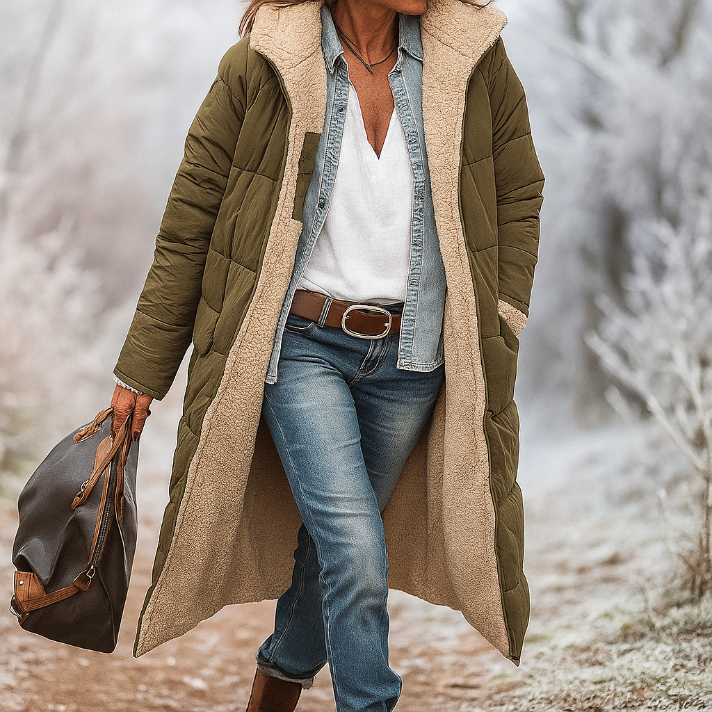 Women's long quilted hooded puffer coat with contrasting lining