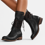 Women's lace-up mid-calf boots with studded cuffs and low block heels