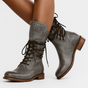 Women's lace-up mid-calf boots with studded cuffs and low block heels