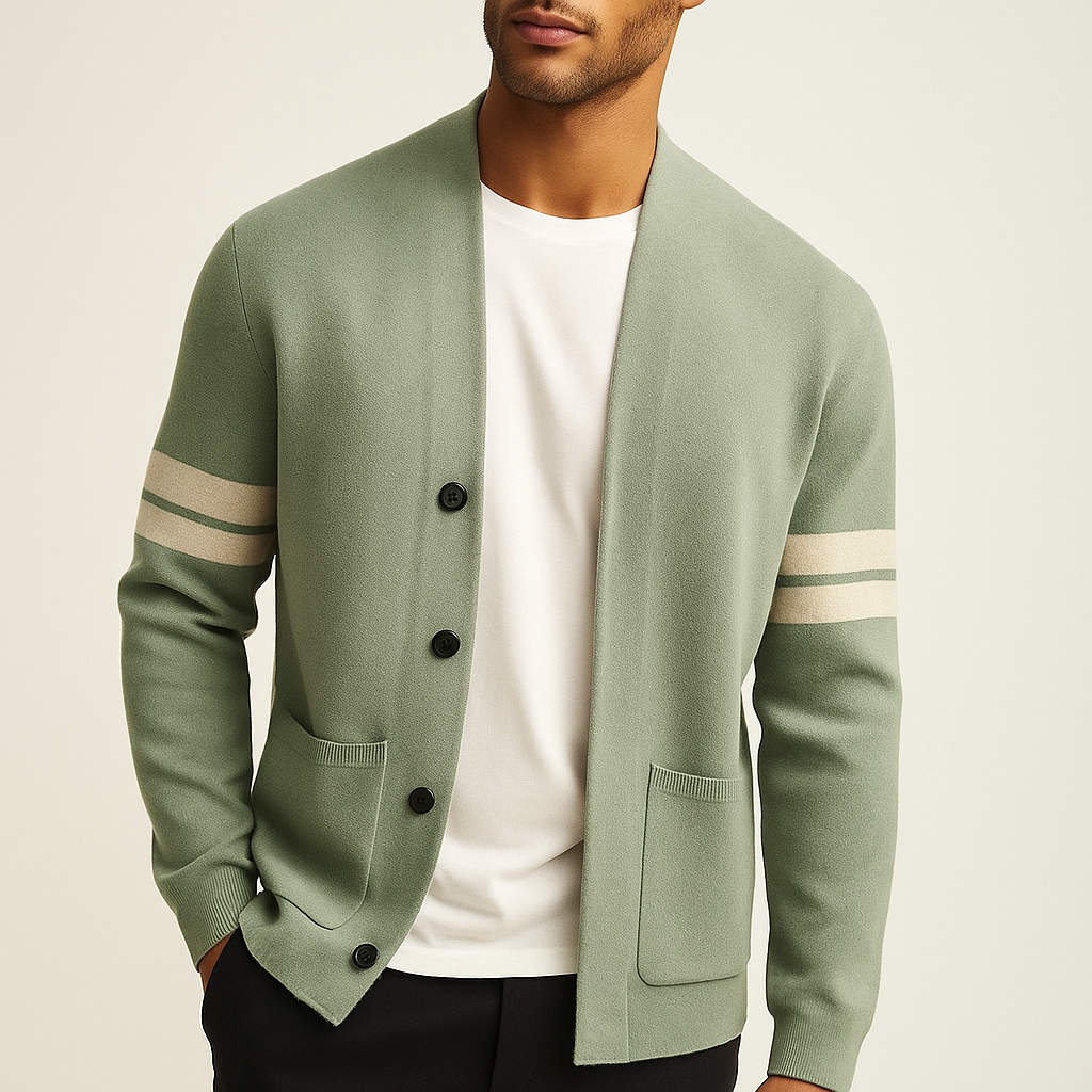 Men's button-front cardigan with striped sleeves and patch pockets