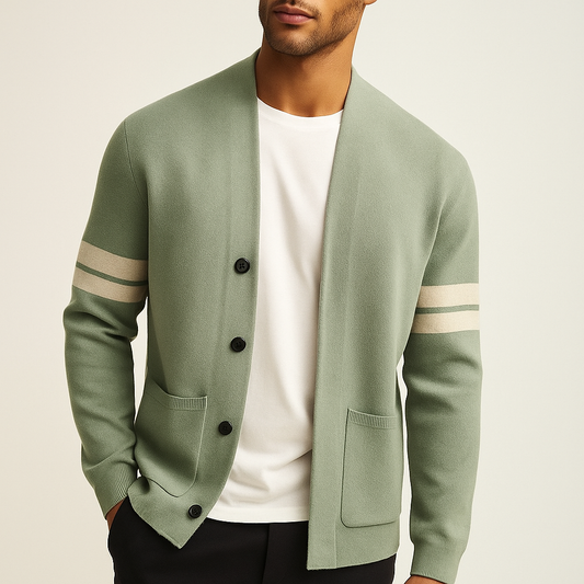 Men's button-front cardigan with striped sleeves and patch pockets