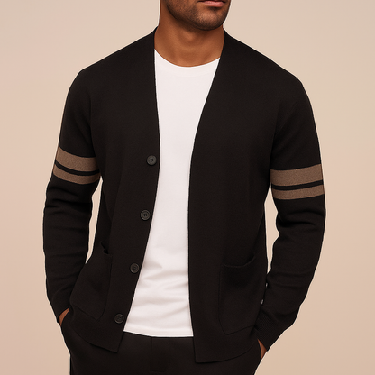 Men's button-front cardigan with striped sleeves and patch pockets
