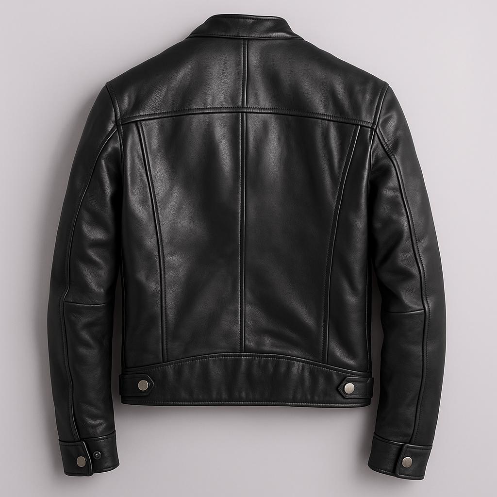 Men's leather biker jacket with standing collar and zip pockets