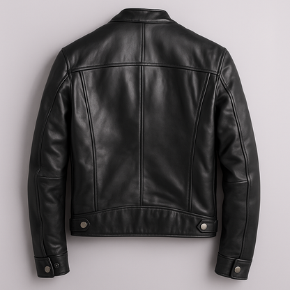 Men's leather biker jacket with standing collar and zip pockets