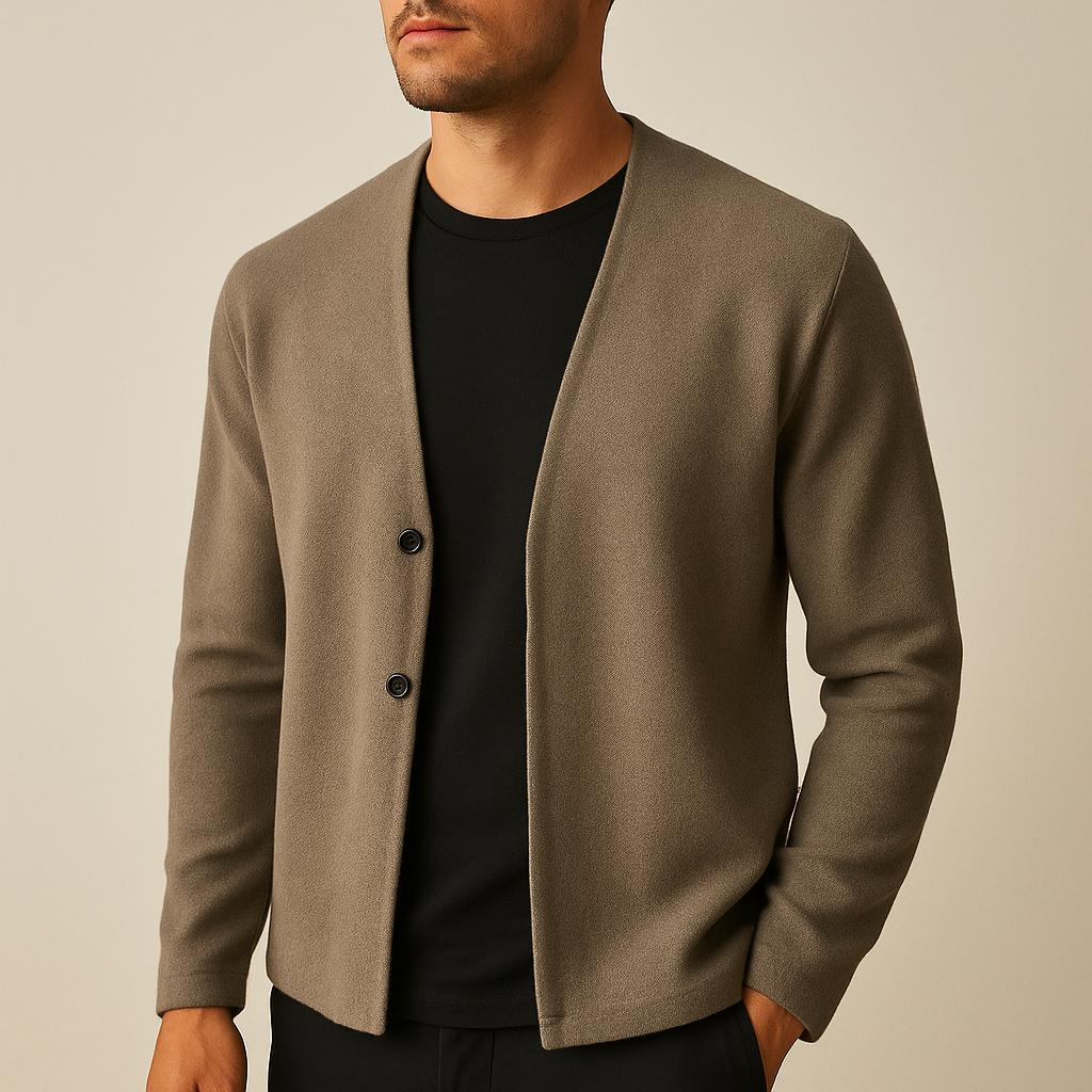 Men's long-sleeve knit cardigan with V-neck and button front