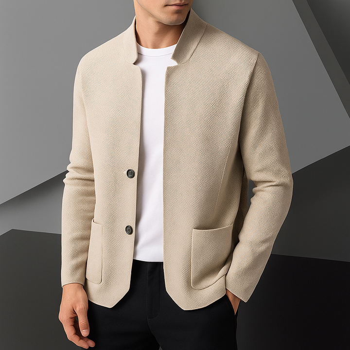 Men's knit cardigan with stand collar and patch pockets
