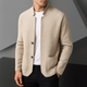 Men's knit cardigan with stand collar and patch pockets