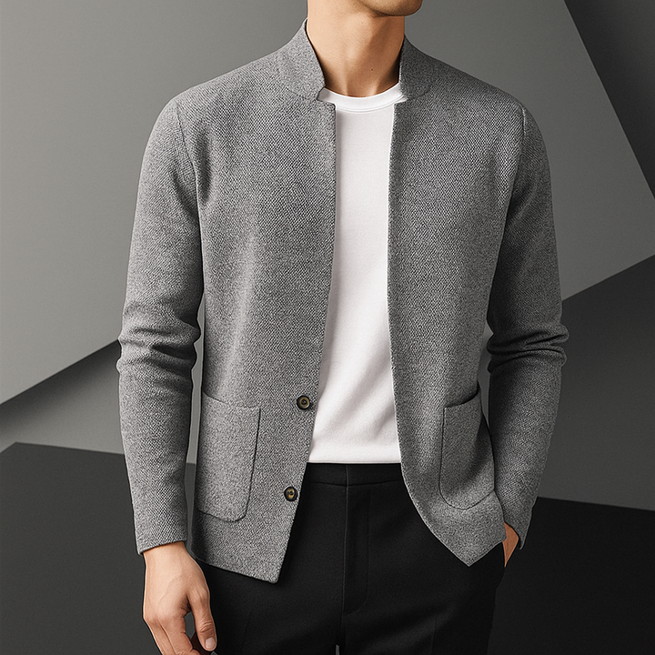 Men's knit cardigan with stand collar and patch pockets
