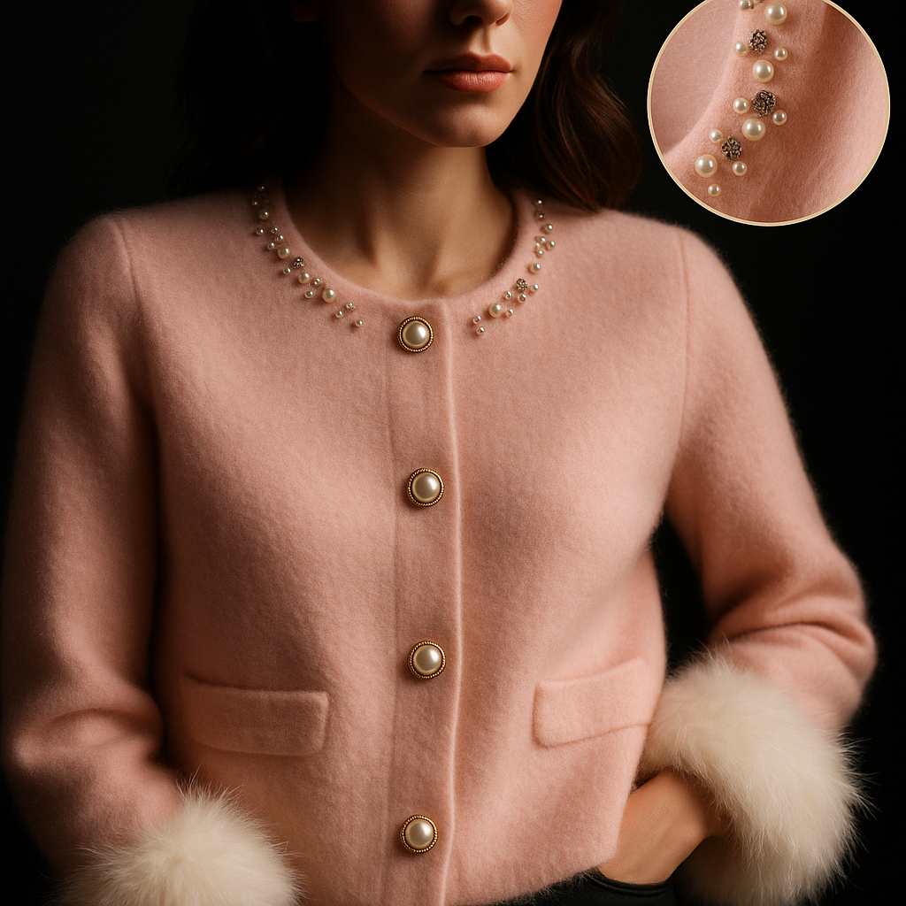 Women's cardigan with embellished round neckline, button front, patch pockets and fluffy cuffs