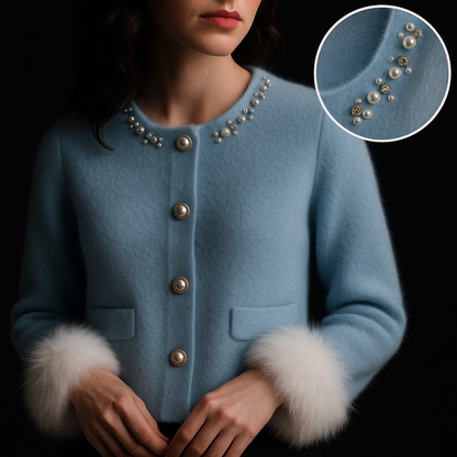 Women's cardigan with embellished round neckline, button front, patch pockets and fluffy cuffs