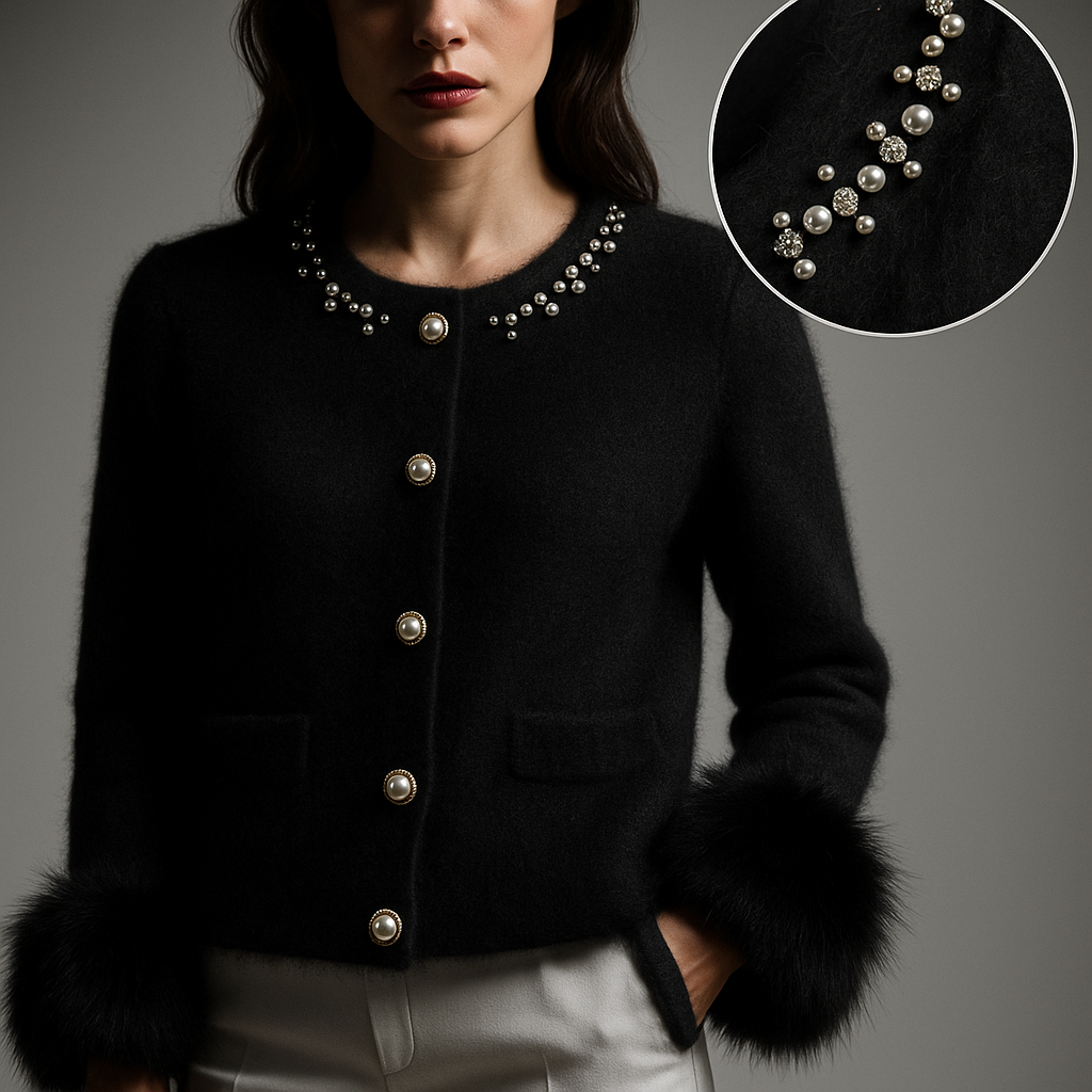 Women's cardigan with embellished round neckline, button front, patch pockets and fluffy cuffs