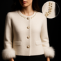 Women's cardigan with embellished round neckline, button front, patch pockets and fluffy cuffs