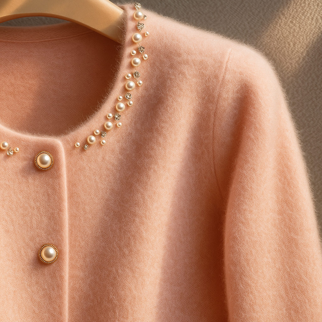 Women's cardigan with embellished round neckline, button front, patch pockets and fluffy cuffs