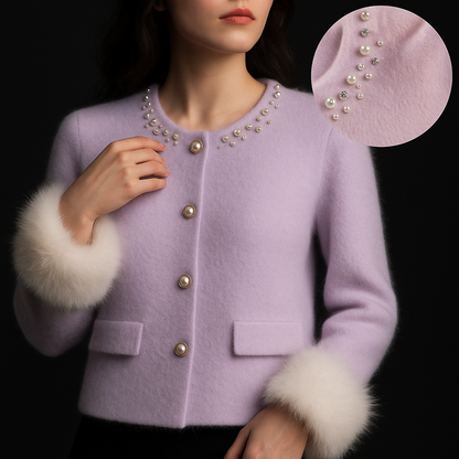Women's cardigan with embellished round neckline, button front, patch pockets and fluffy cuffs