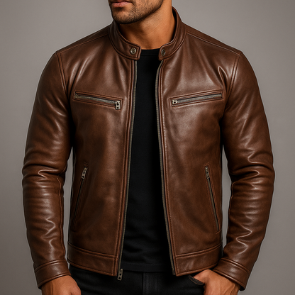 Men's leather biker jacket with standing collar and zip pockets