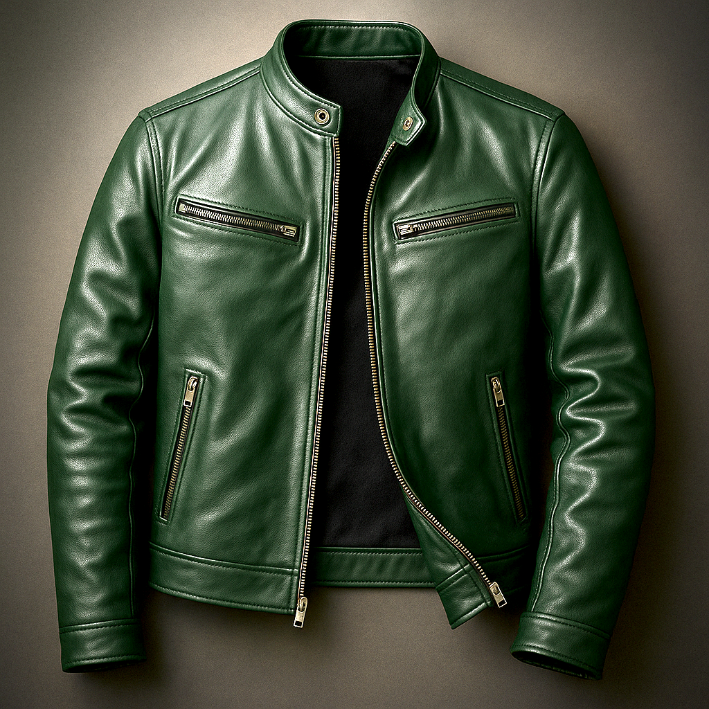 Men's leather biker jacket with standing collar and zip pockets