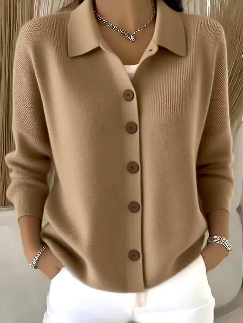 Women's textured button-front cardigan with pointed collar and long sleeves