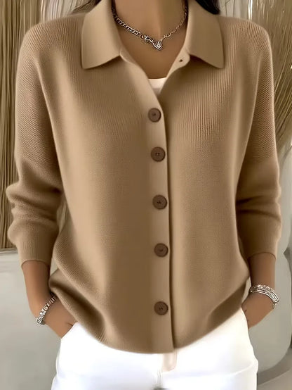 Women's textured button-front cardigan with pointed collar and long sleeves