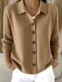 Women's textured button-front cardigan with pointed collar and long sleeves