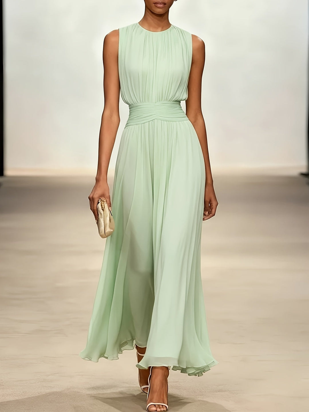 Women's Chiffon Midi Dress — Draped-Waist Flowing Elegant Summer Dress, Mint / L