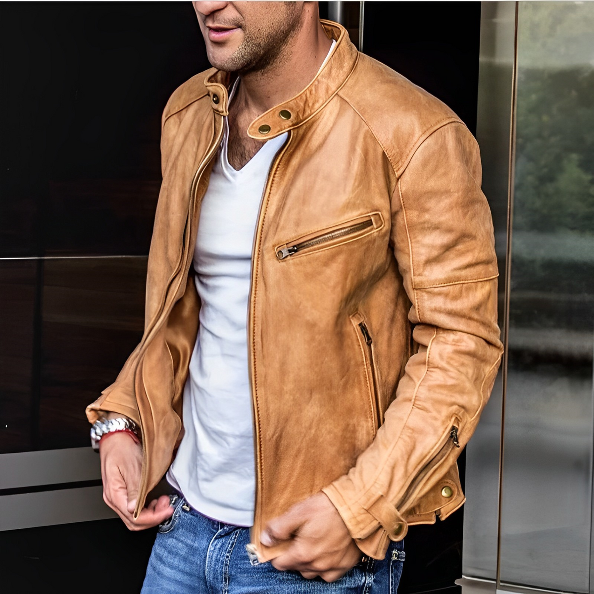 Men's aviator jacket with stand collar, long sleeves and multiple zip details
