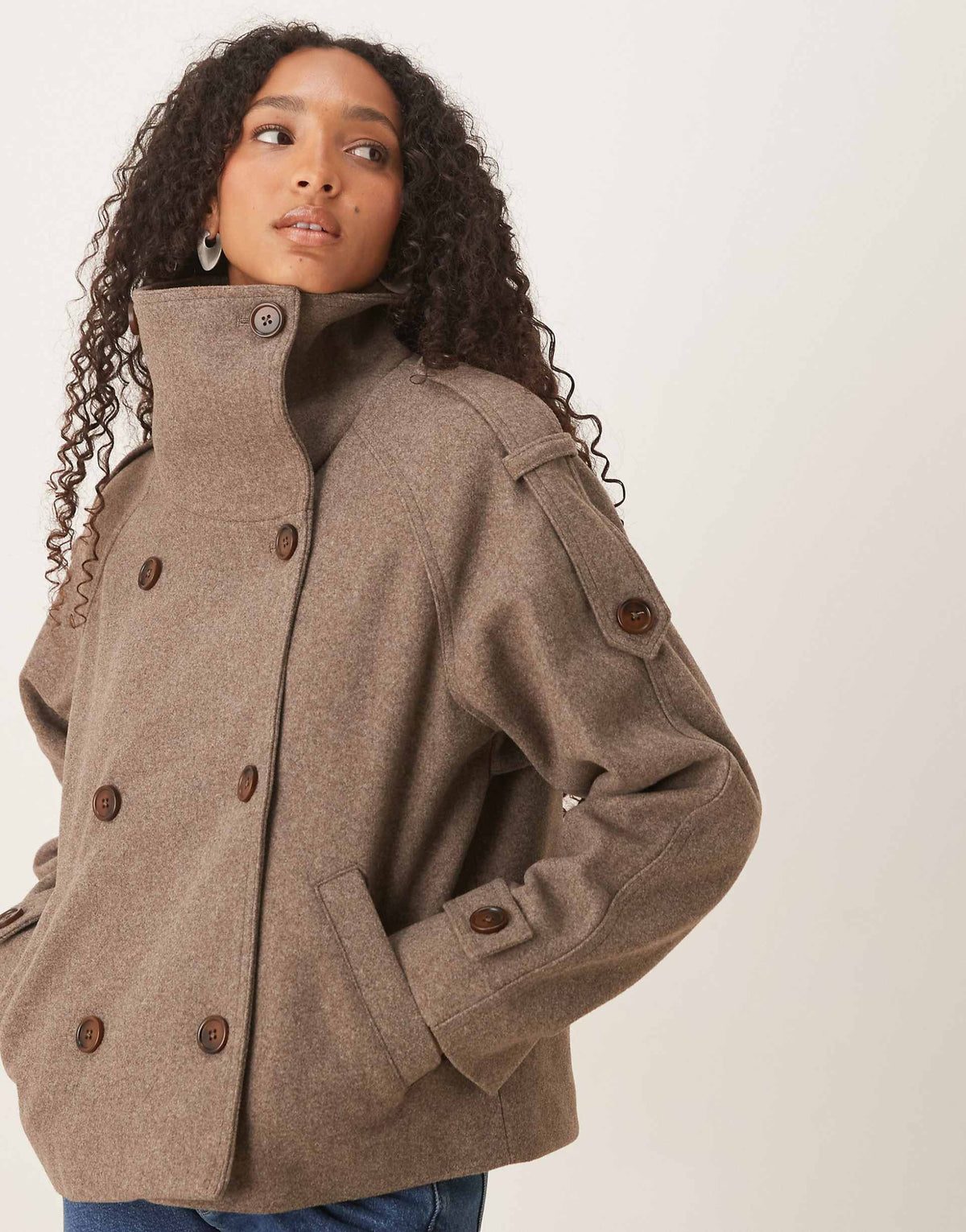 Women's brown funnel-neck coat with button front and long sleeves