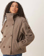 Women's brown funnel-neck coat with button front and long sleeves