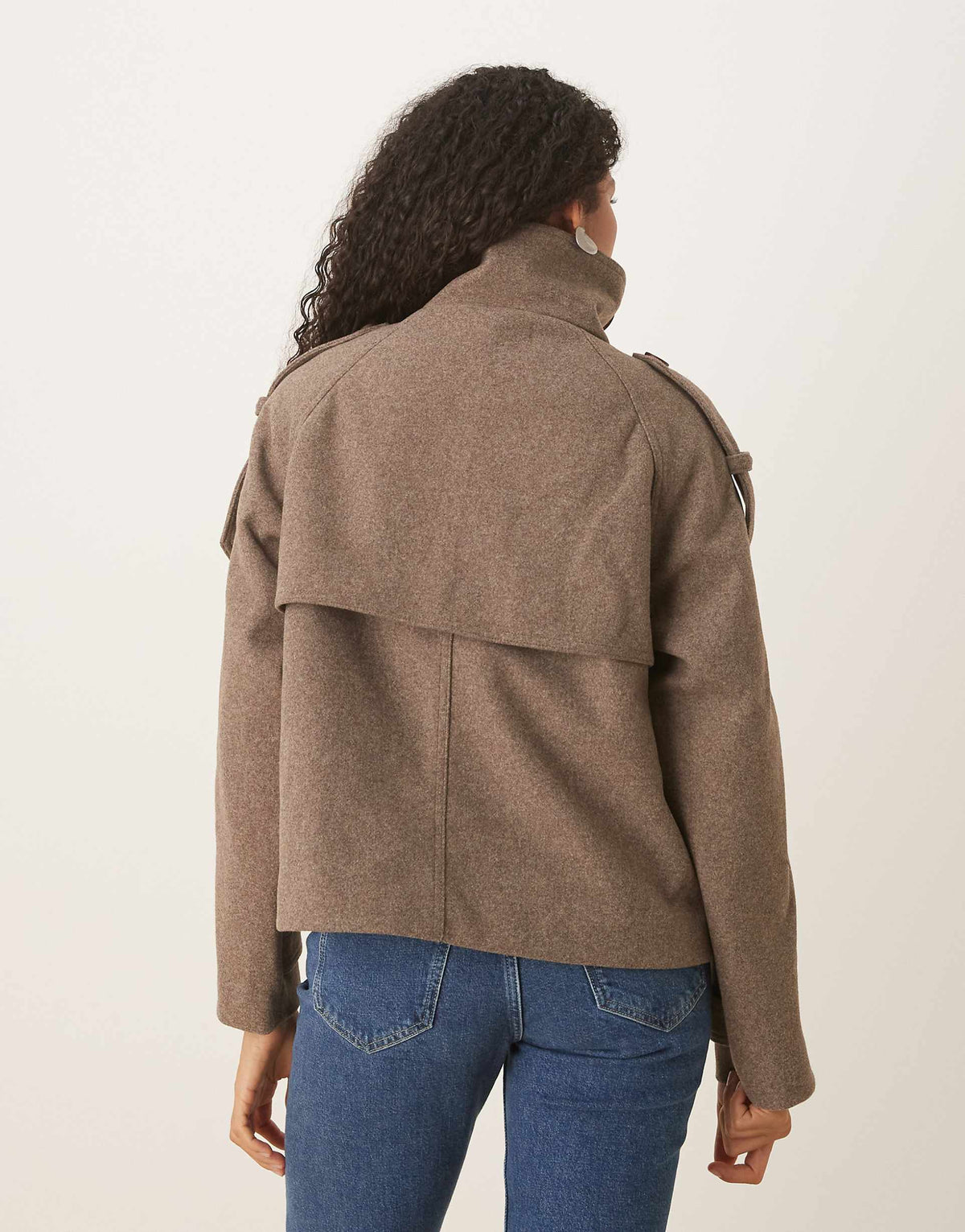 Women's brown funnel-neck coat with button front and long sleeves