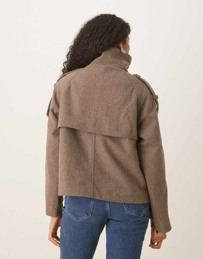 Women's brown funnel-neck coat with button front and long sleeves
