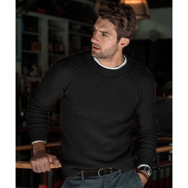 Men's long-sleeve crew neck knit sweater with ribbed trims