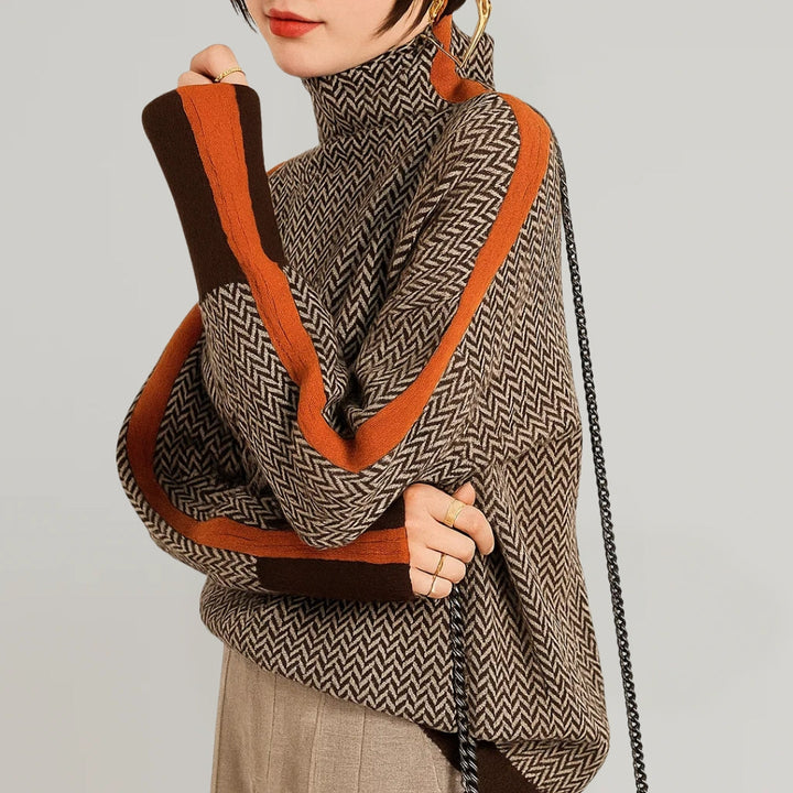 Women's geometric zigzag turtleneck sweater with contrast panels