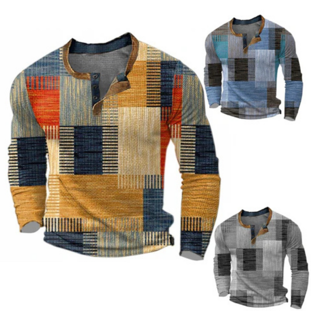 Men's geometric waffle henley sweater with long sleeves