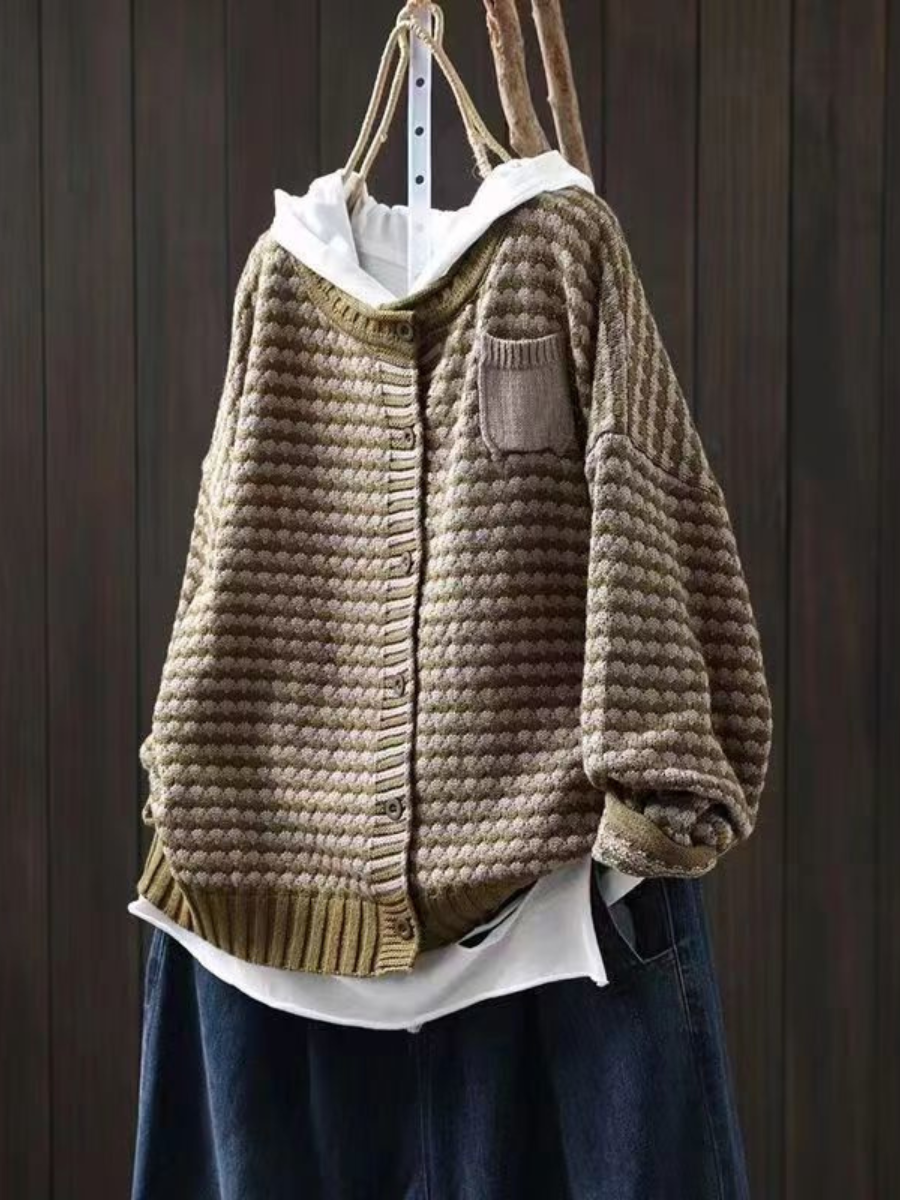 Women's textured hooded knit cardigan with button front and patch pocket