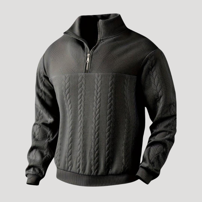 Men's cable knit half-zip sweater with mock neck and long sleeves