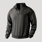 Men's cable knit half-zip sweater with mock neck and long sleeves