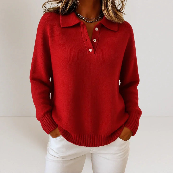 Women's collared knit sweater with button placket and long sleeves