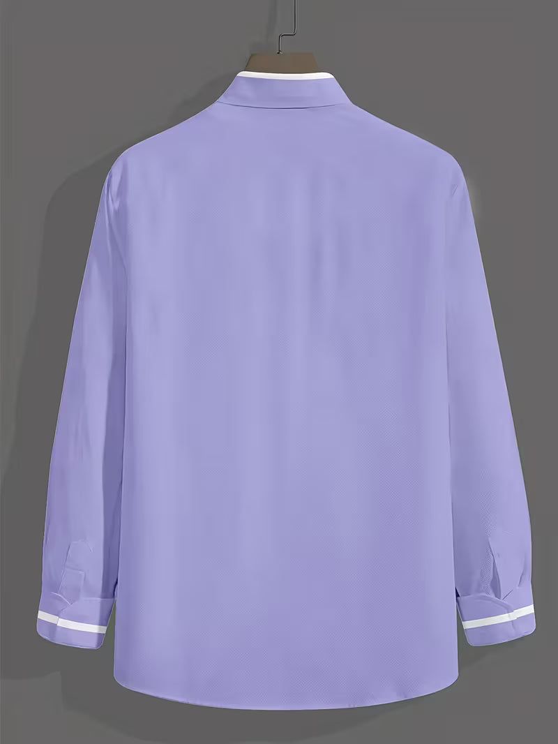 Men's long-sleeve grandad collar shirt with contrast trim and chest pocket