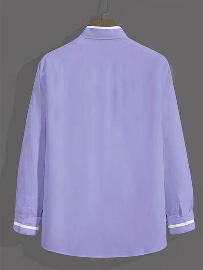 Men's long-sleeve grandad collar shirt with contrast trim and chest pocket