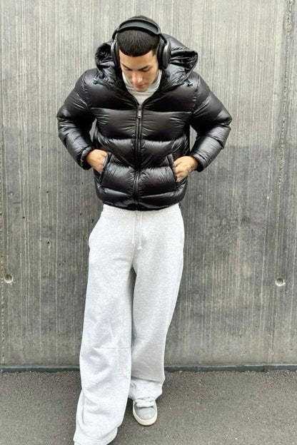 Men's hooded quilted puffer jacket with zip front and angled pockets